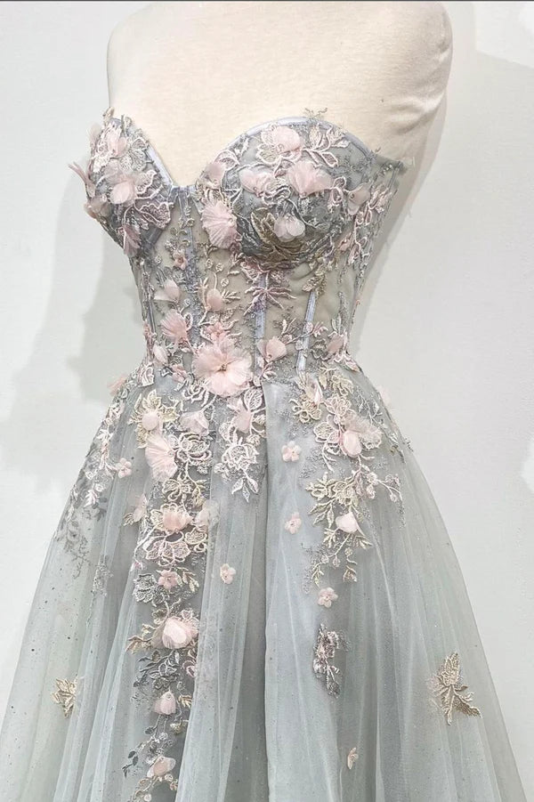 Wholesale Gray Tulle Lace Long Strapless Prom Dress A-Line Formal Evening Dress